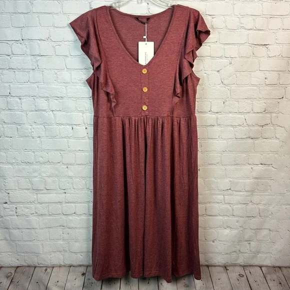 BloomChic Red Heather Flutter Trim Button Detail Gathered Dress Size Medium - Picture 2 of 6